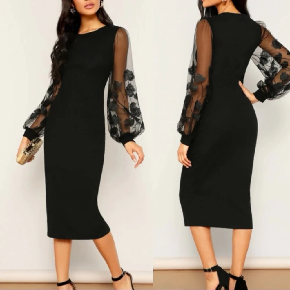 Boho black floral embroidered mesh sheer sleeve fitted midi dress - Picture 2 of 4